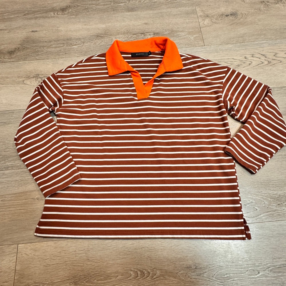 ZESICA Brown Top Striped Long‎ Sleeve Polo Shirt Orange Collar Medium M